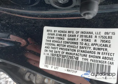 2015 Honda Civic Lx z USA, uszkodzony, nr VIN 19XFB2F50FE295748